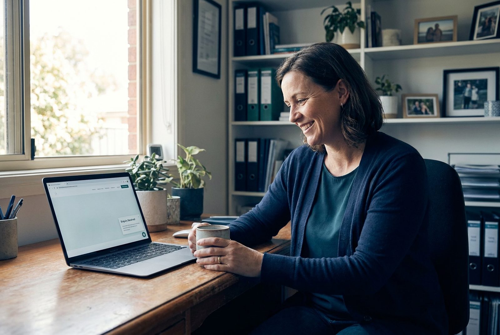A business owner at her desk watching a new enquiry arrive from her website