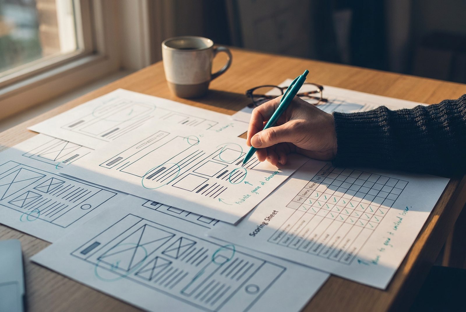 A marked-up website review session: annotated page printouts and a scoring sheet on a desk